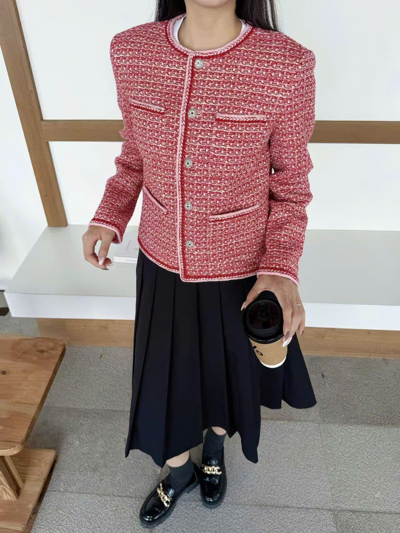  Áo tweed đỏ cam viền trắng 