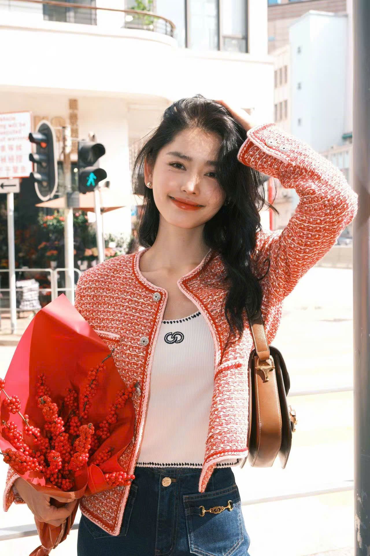  Áo tweed đỏ cam viền trắng 