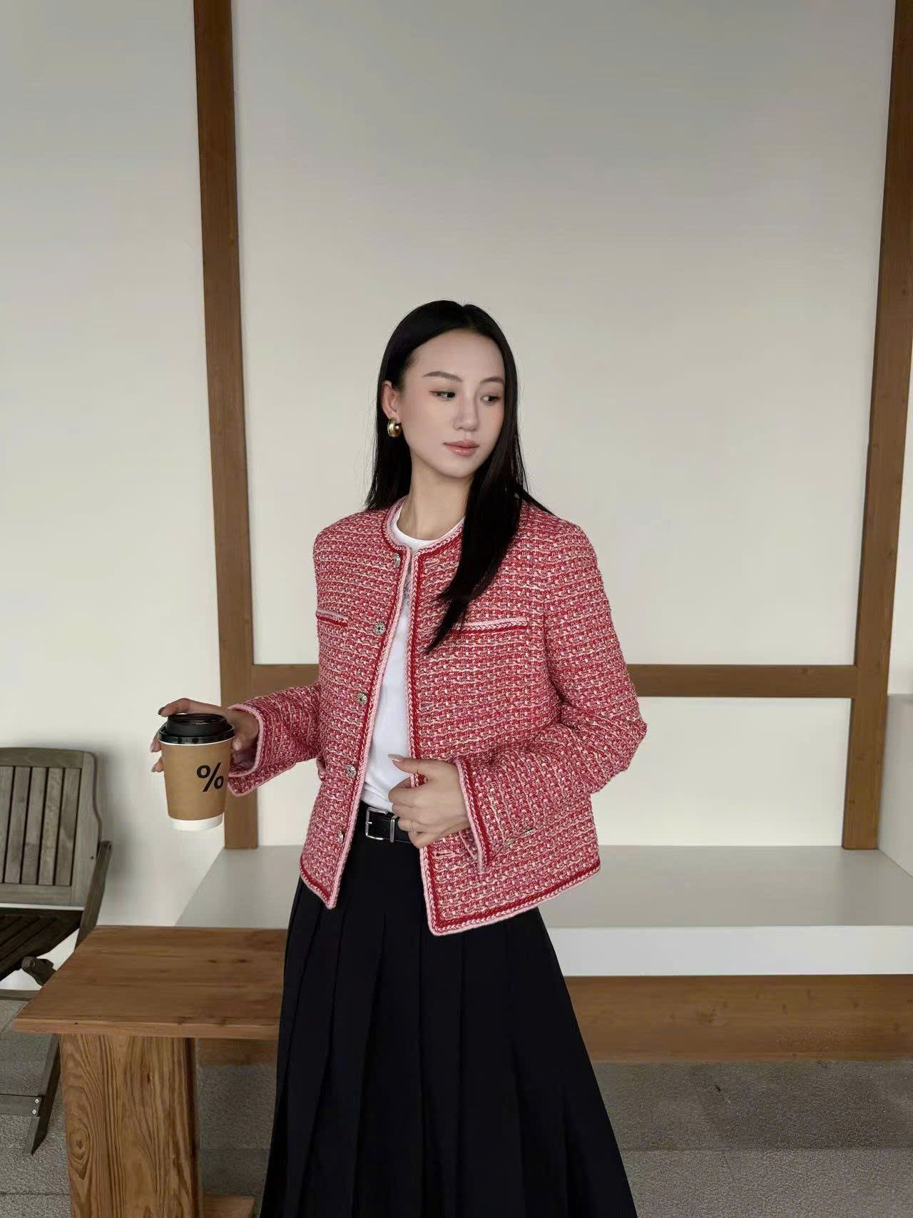  Áo tweed đỏ cam viền trắng 