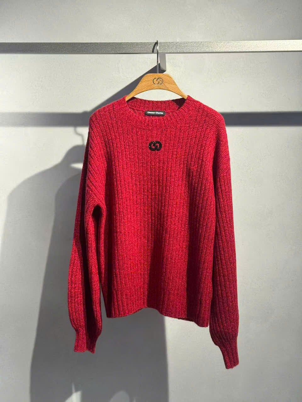  Áo Len đỏ dài tay dáng dài Cashmere logo ngực 