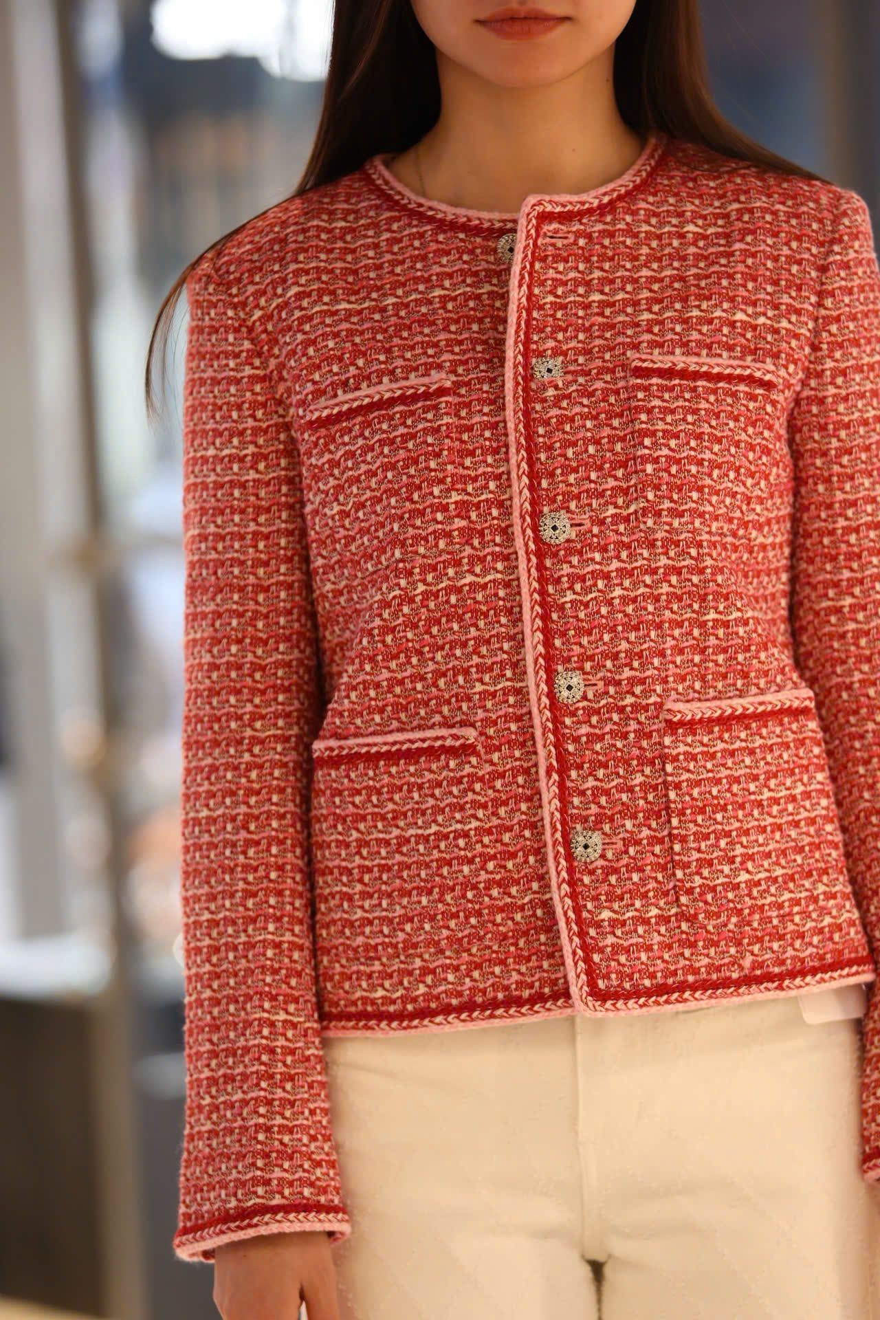  Áo tweed đỏ cam viền trắng 