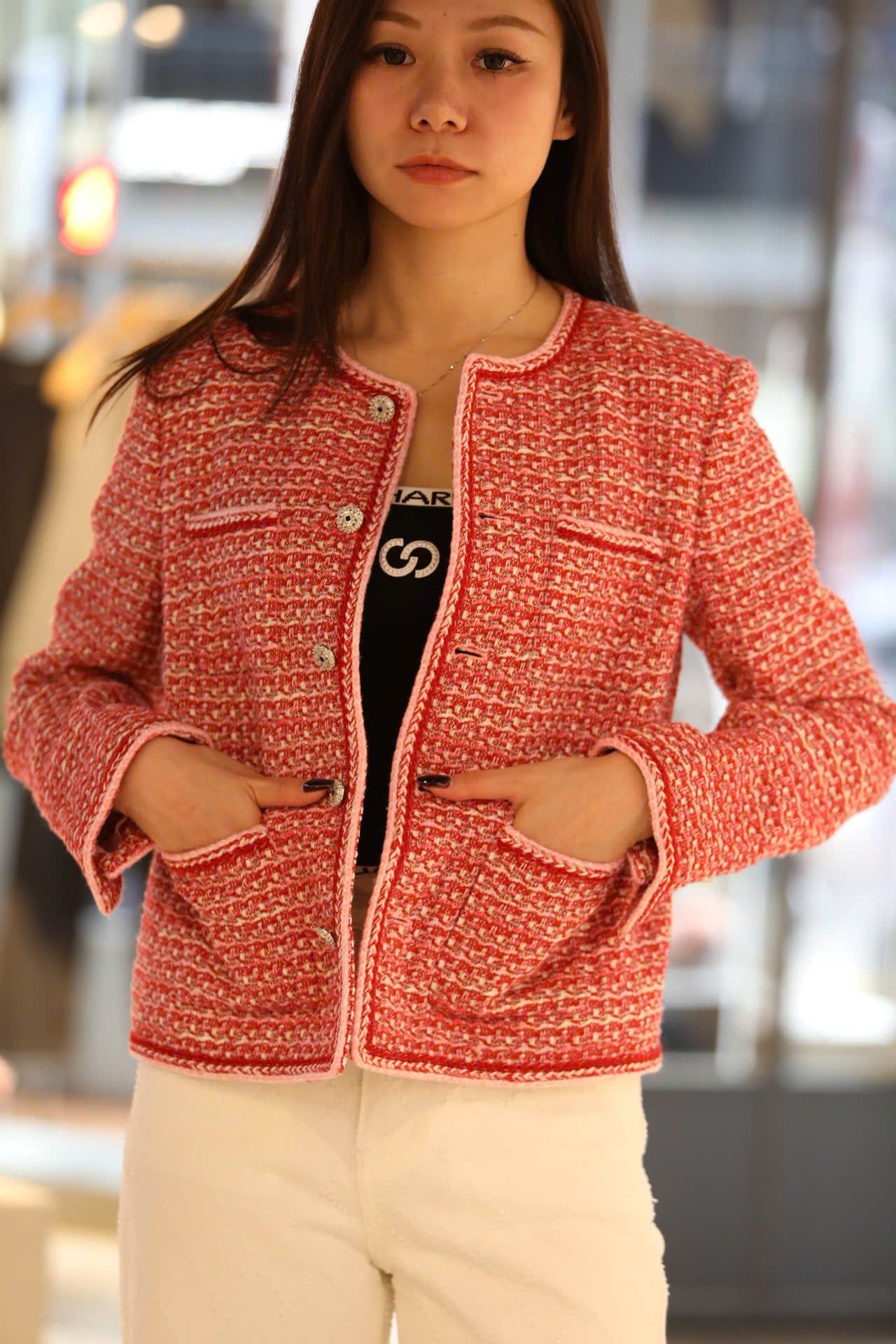  Áo tweed đỏ cam viền trắng 