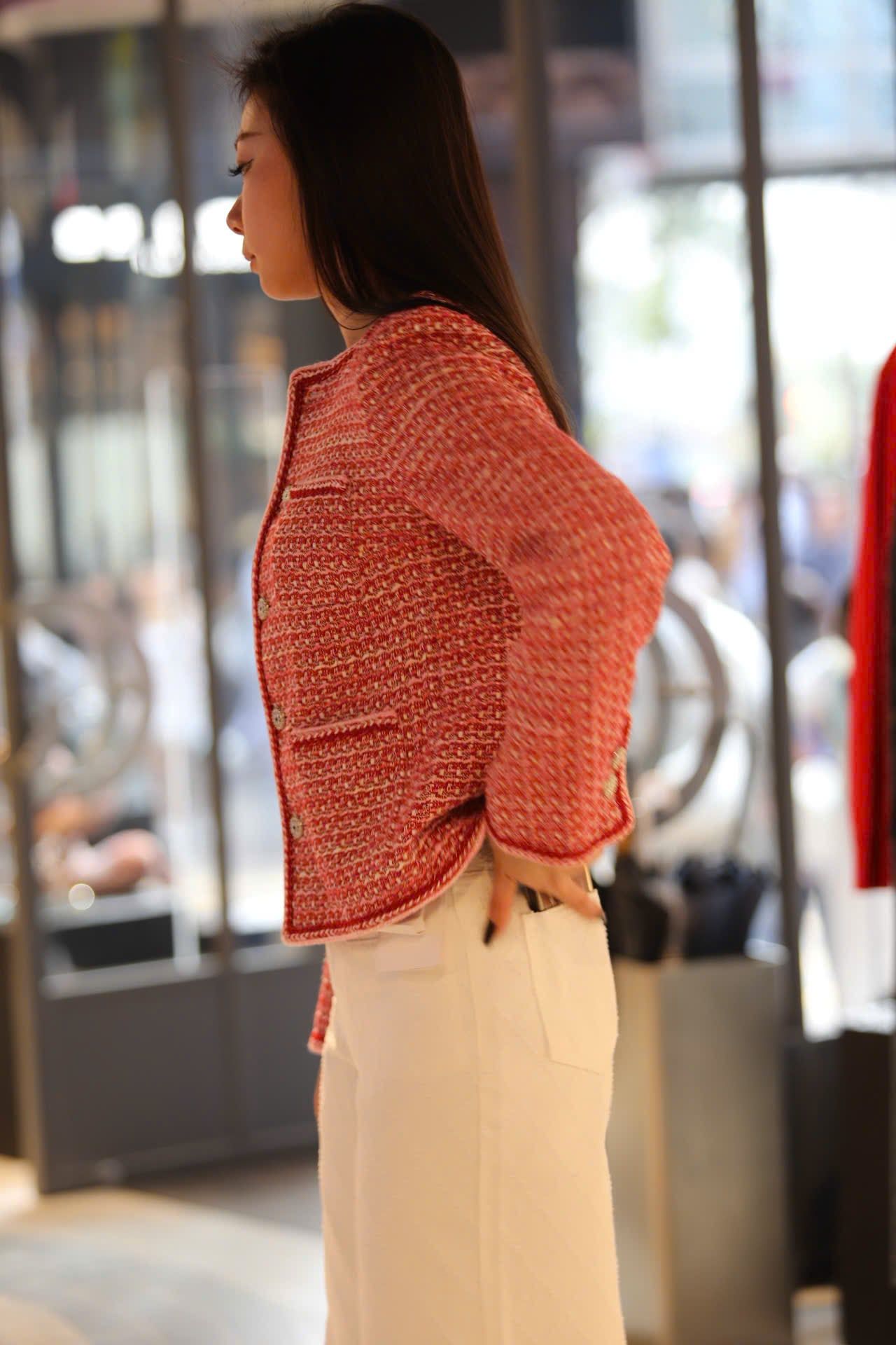  Áo tweed đỏ cam viền trắng 