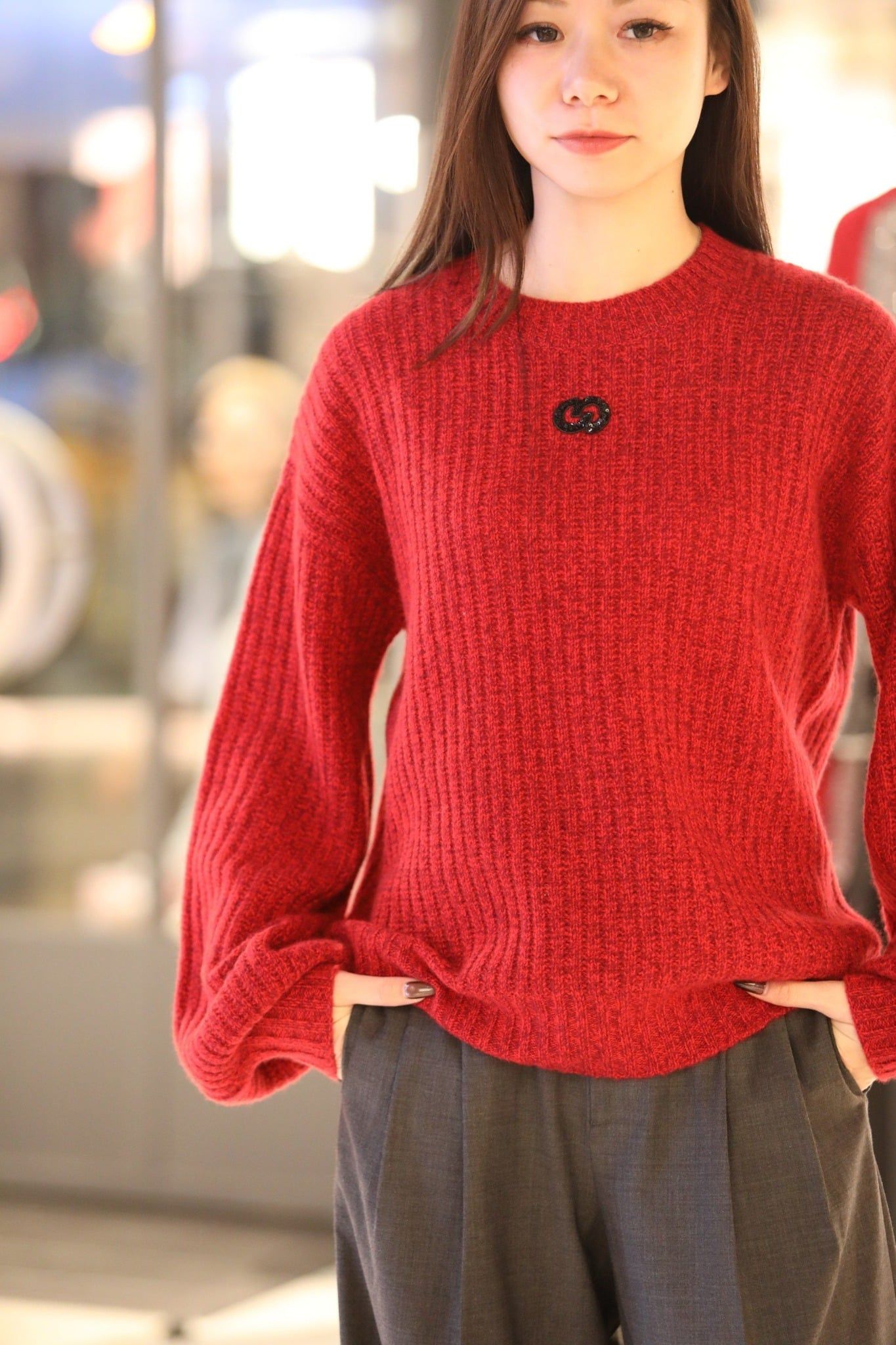  Áo Len đỏ dài tay dáng dài Cashmere logo ngực 