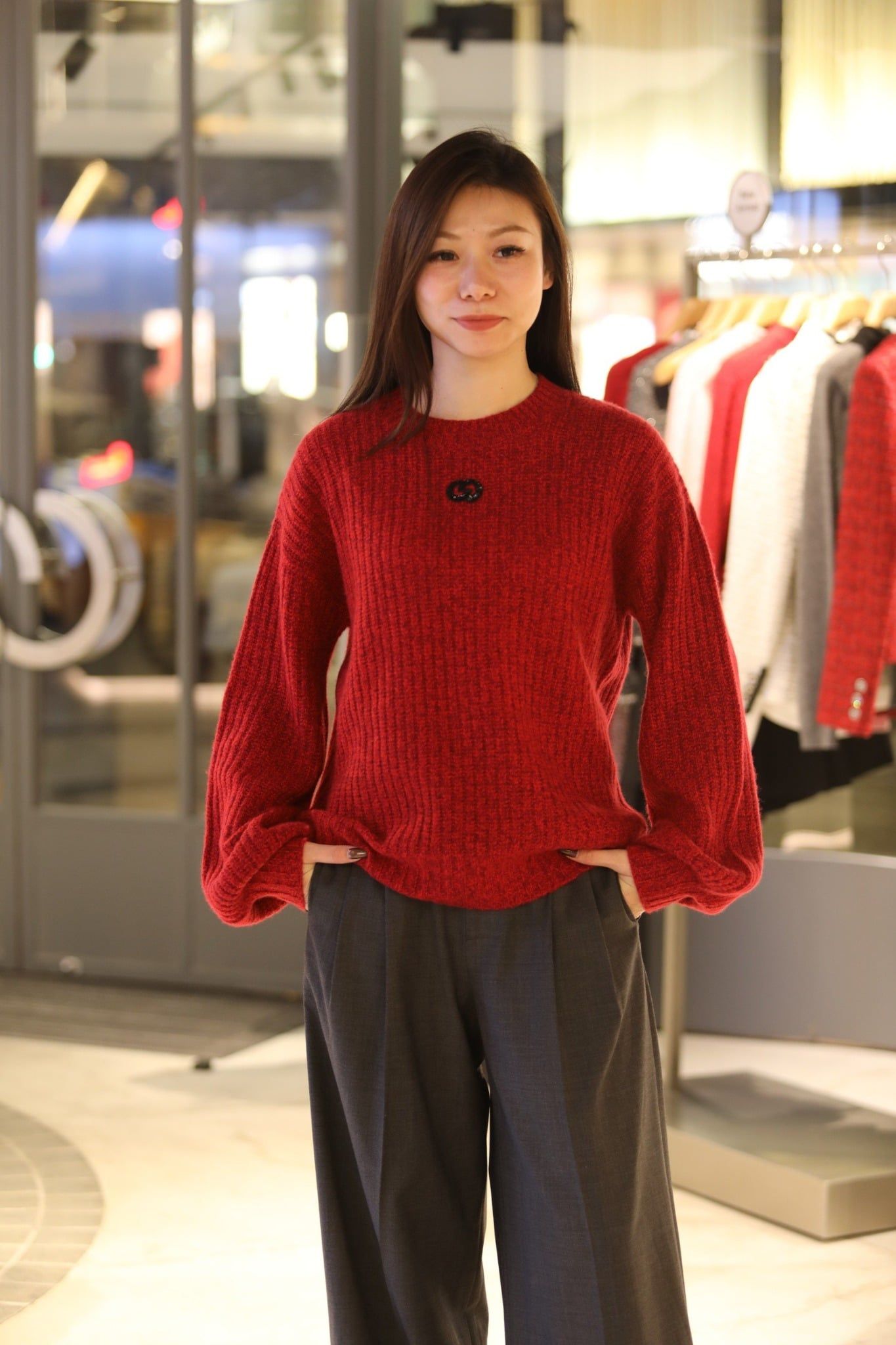  Áo Len đỏ dài tay dáng dài Cashmere logo ngực 