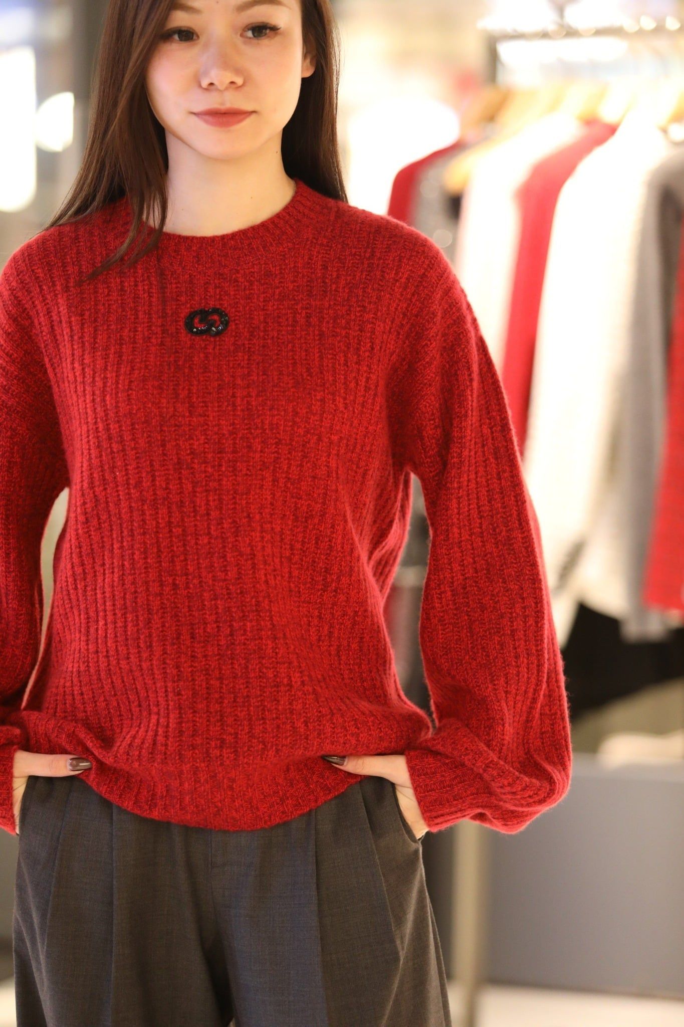  Áo Len đỏ dài tay dáng dài Cashmere logo ngực 
