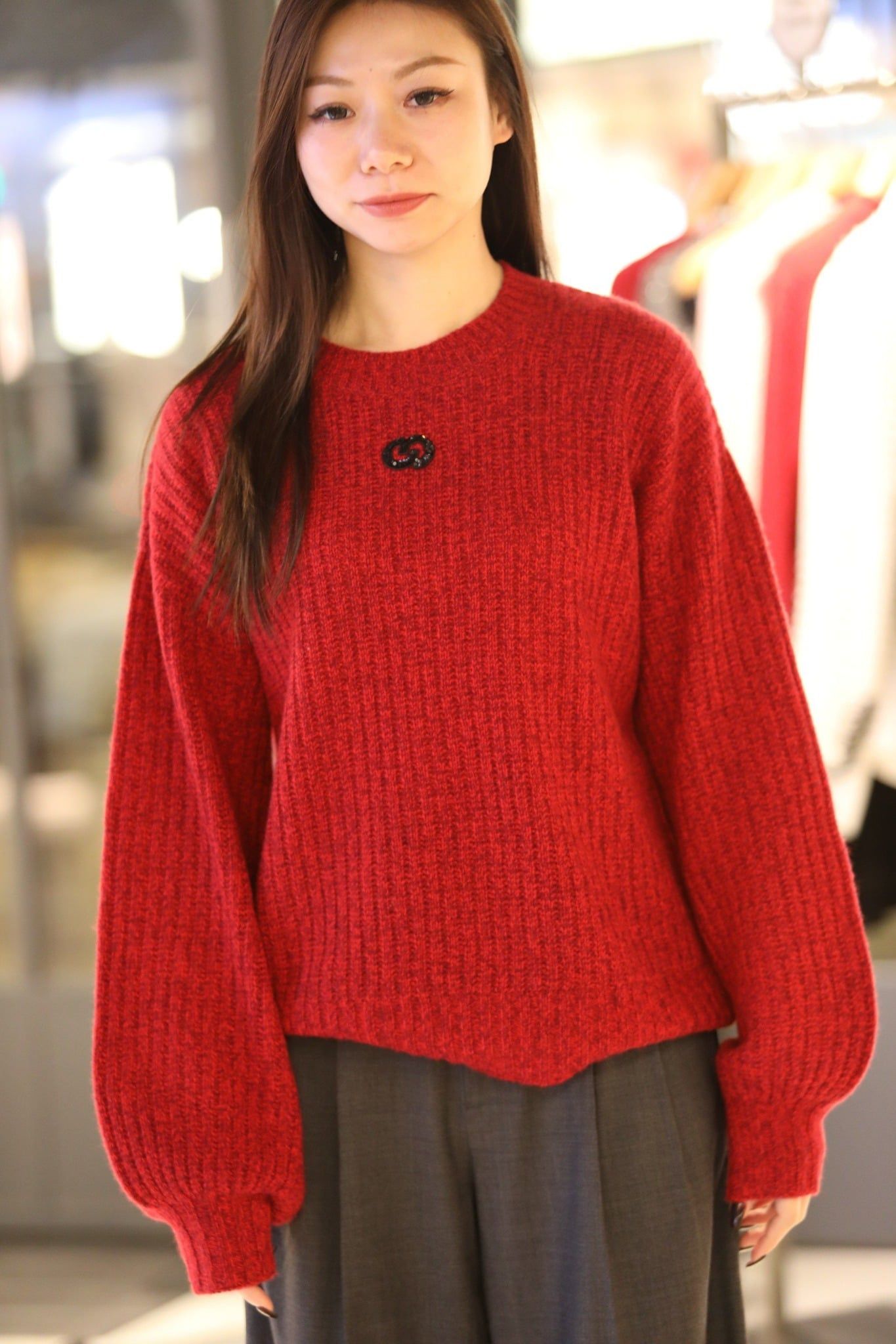 Áo Len đỏ dài tay dáng dài Cashmere logo ngực 