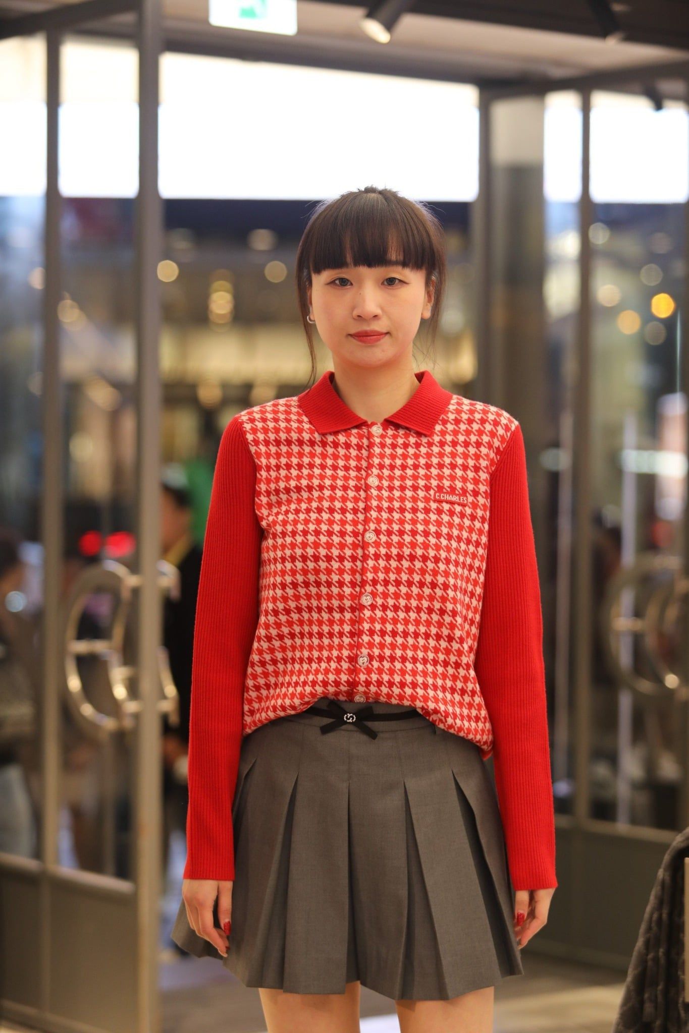  Áo CDG đỏ cổ polo. kẻ caro trắng 