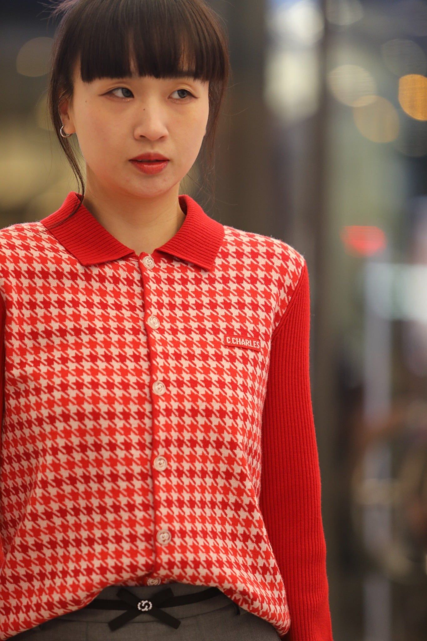  Áo CDG đỏ cổ polo. kẻ caro trắng 