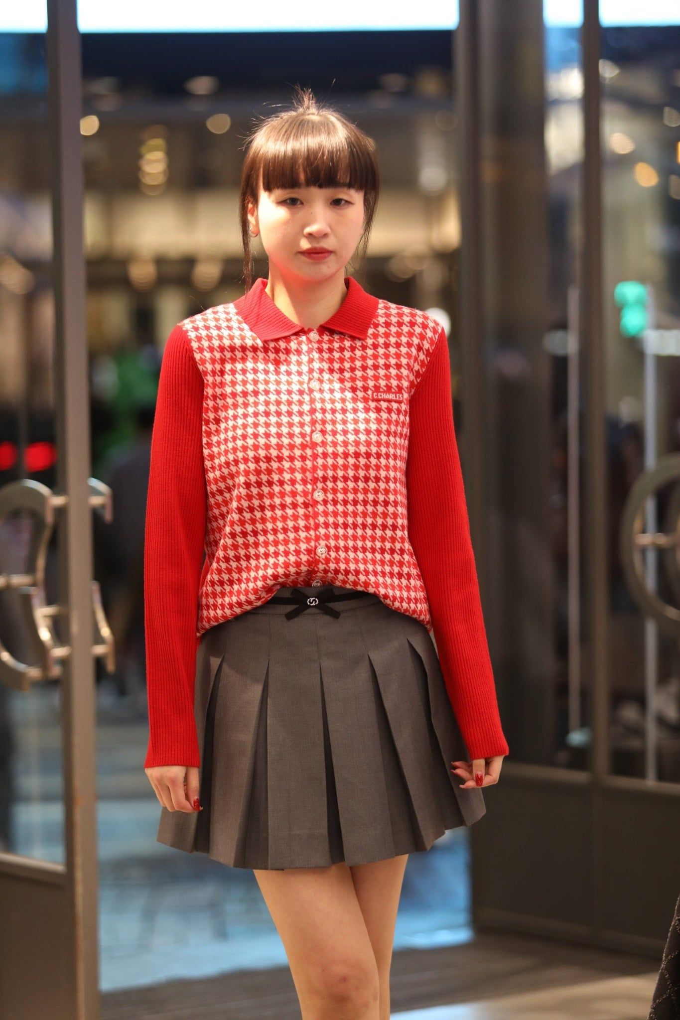  Áo CDG đỏ cổ polo. kẻ caro trắng 