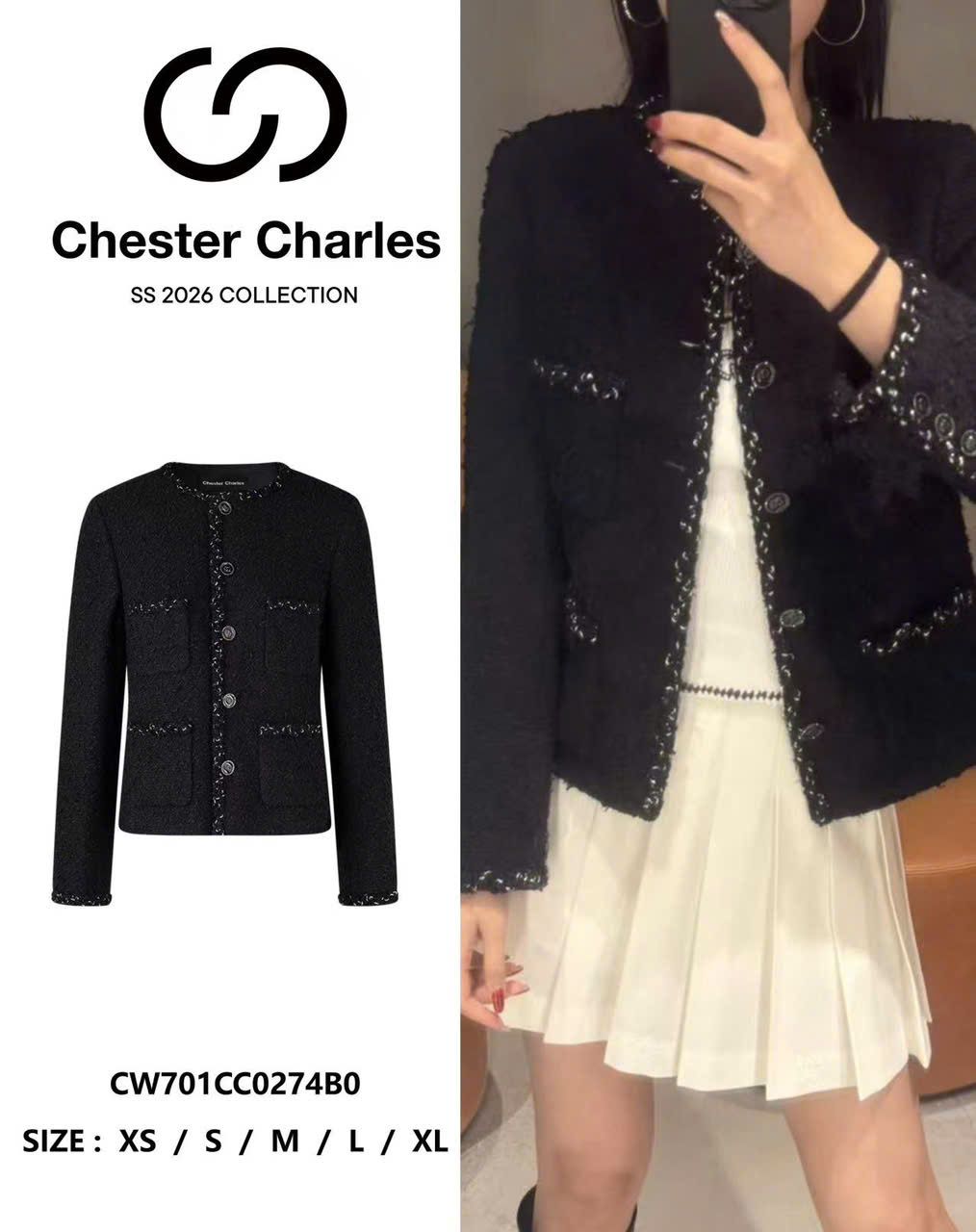  Áo tweed đen. 4 túi trước viền đen trắng 