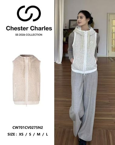  Áo gile bông màu kem có mũ , dây rút 