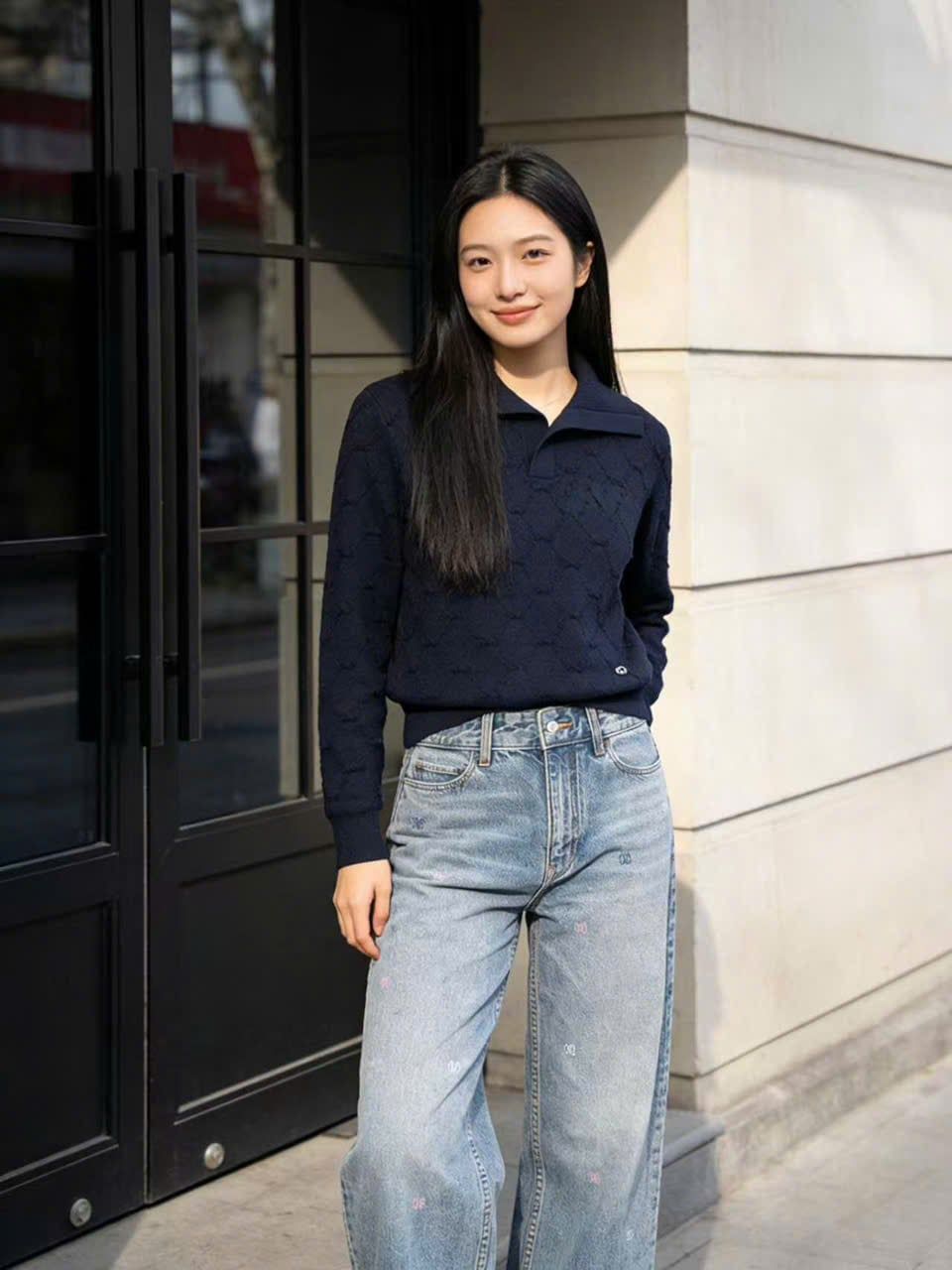  2.Áo len polo trám dài tay màu navy 