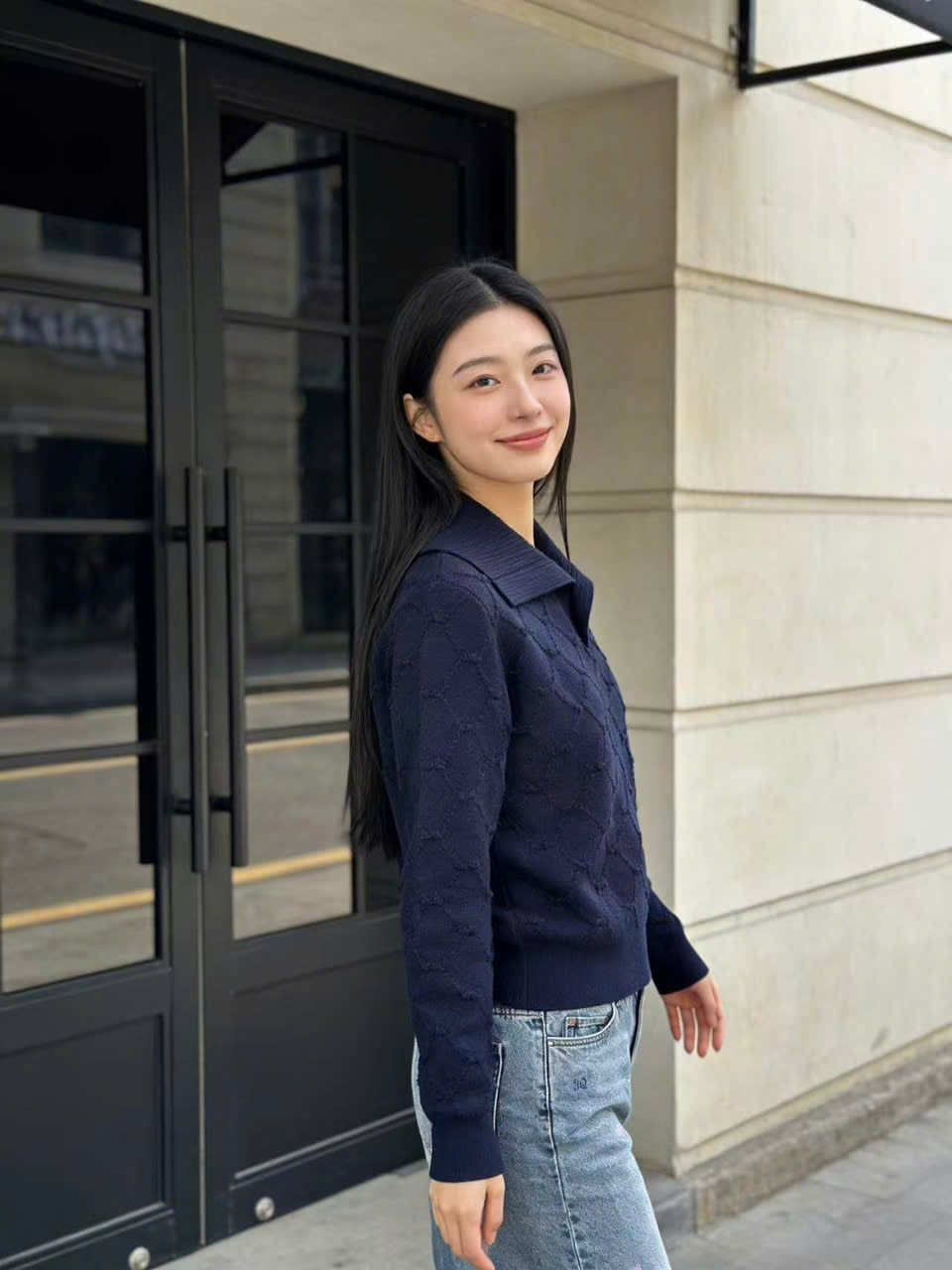  2.Áo len polo trám dài tay màu navy 