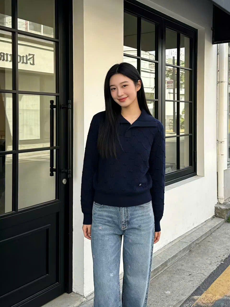  2.Áo len polo trám dài tay màu navy 