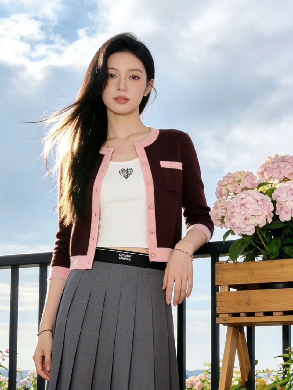  Áo CDG đỏ đô, viền hồng phấn 