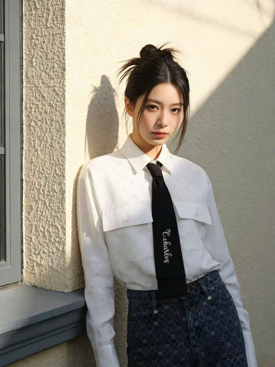  1.Áo SM lụa full logo trắng, 2 túi trước mix cavat đen 