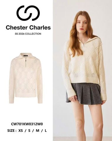  Áo len trắng cổ bẻ kéo khóa, hoa văn nổi 