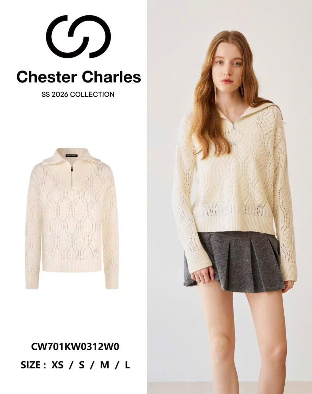  Áo len trắng cổ bẻ kéo khóa, hoa văn nổi 