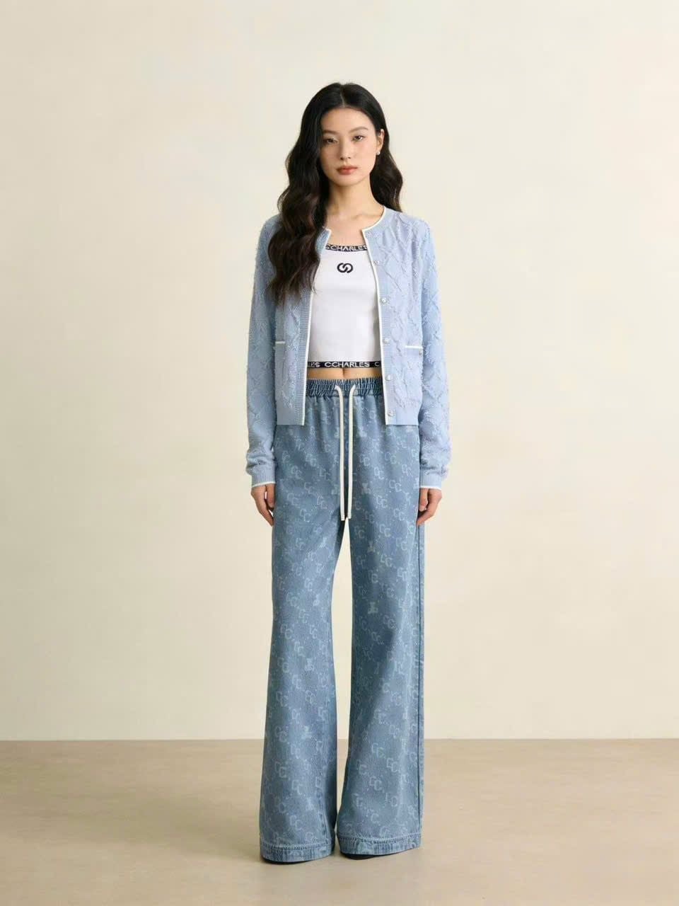  Quần Jean giấy xanh cạp chun logo gấu 