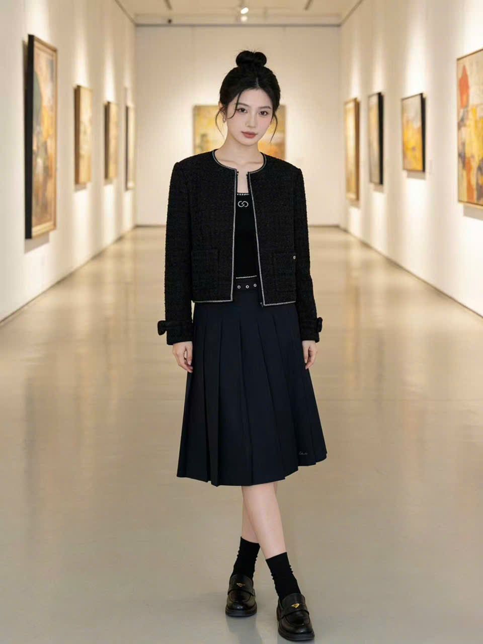  Áo tweed đen, tay nơ 