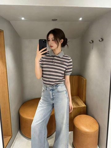  1.Áo polo xám ngắn tay kẻ đỏ xanh 