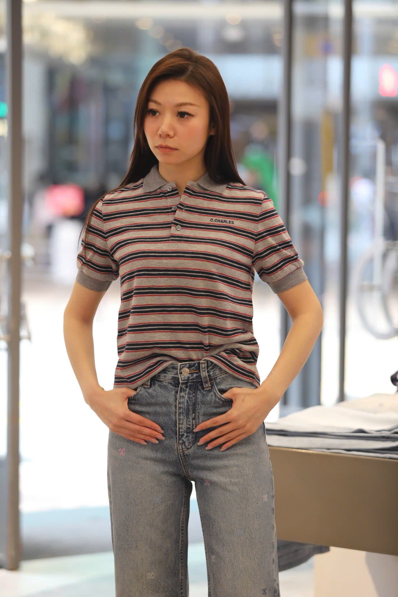  Áo polo xám ngắn tay kẻ đỏ xanh 