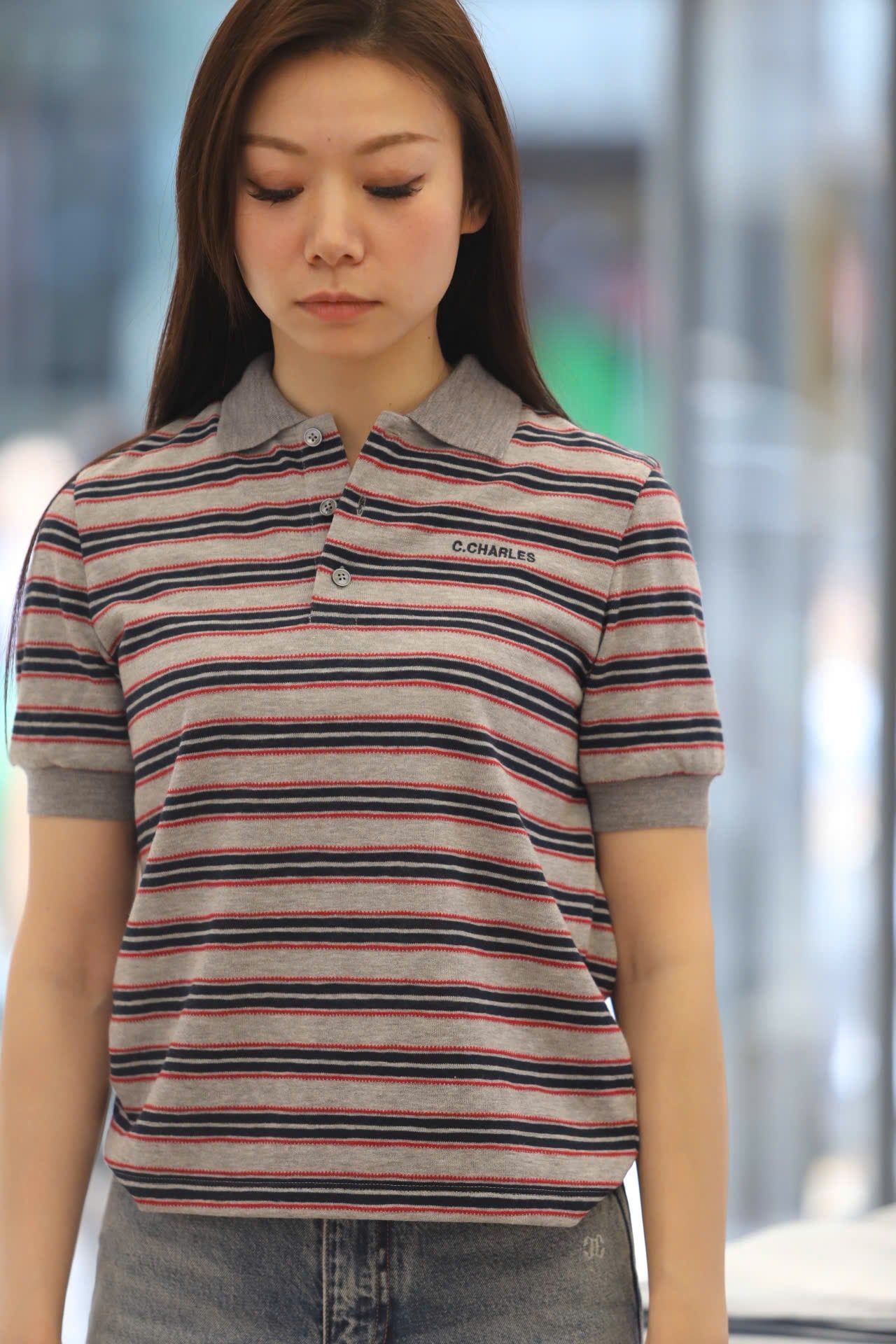  Áo polo xám ngắn tay kẻ đỏ xanh 