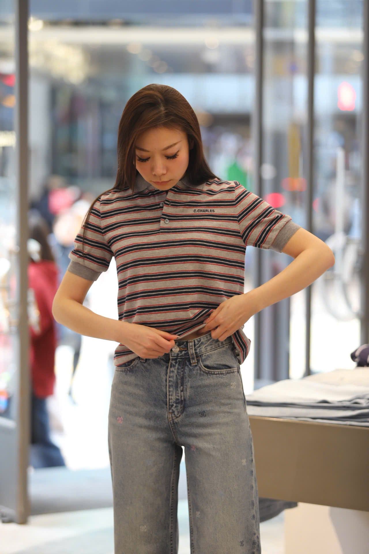  Áo polo xám ngắn tay kẻ đỏ xanh 