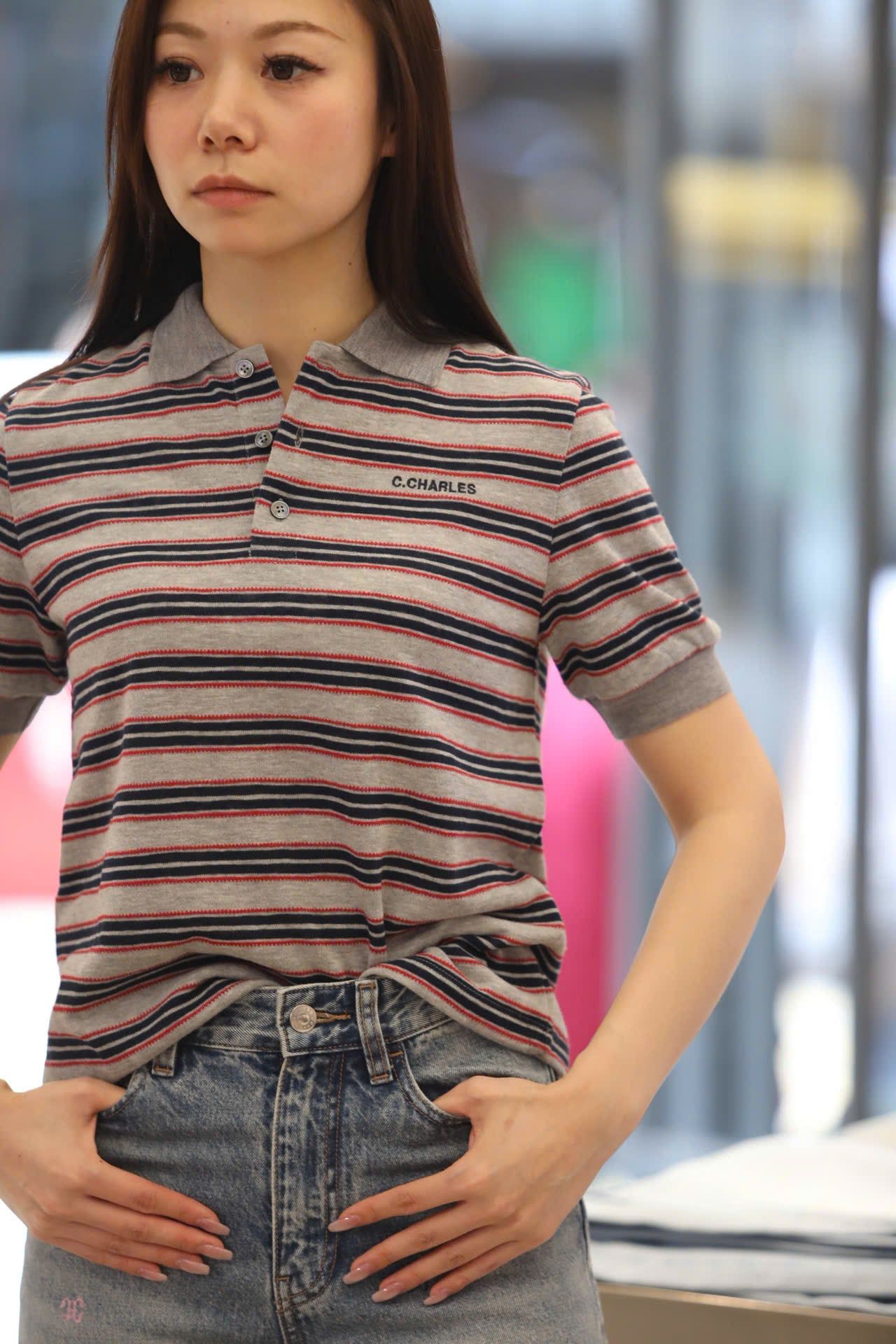  Áo polo xám ngắn tay kẻ đỏ xanh 