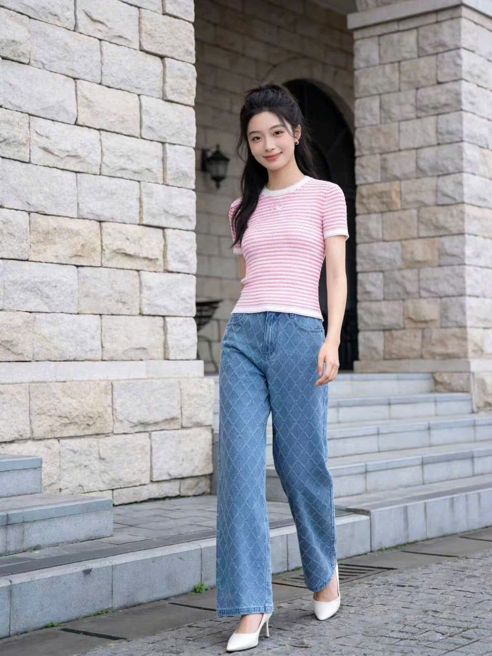  Áo kẻ Zích Zắc trắng hồng 