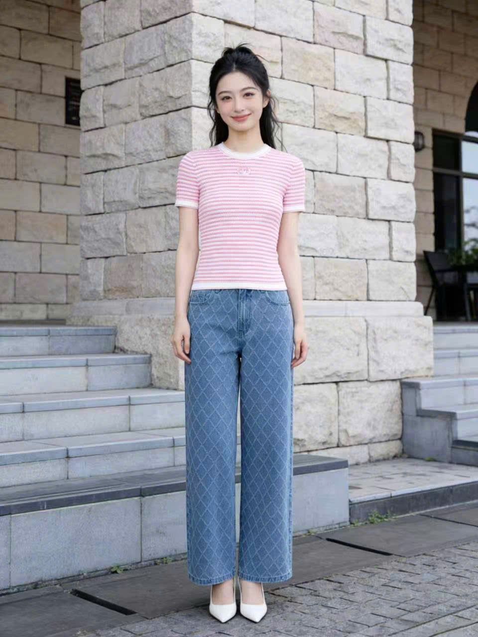  Áo kẻ Zích Zắc trắng hồng 