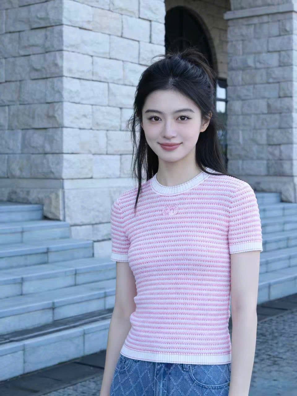  Áo kẻ Zích Zắc trắng hồng 