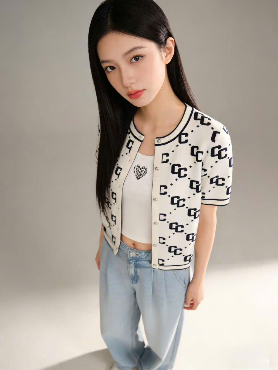  Áo CDG trắng ngắn tay full logo CC 