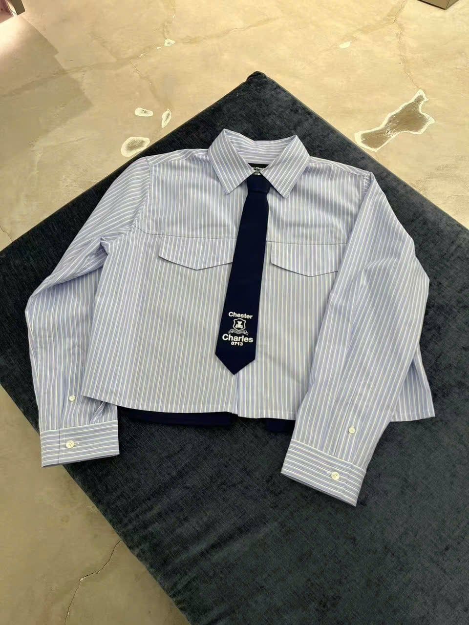  Áo sơ mi kẻ xanh kèm caravat 