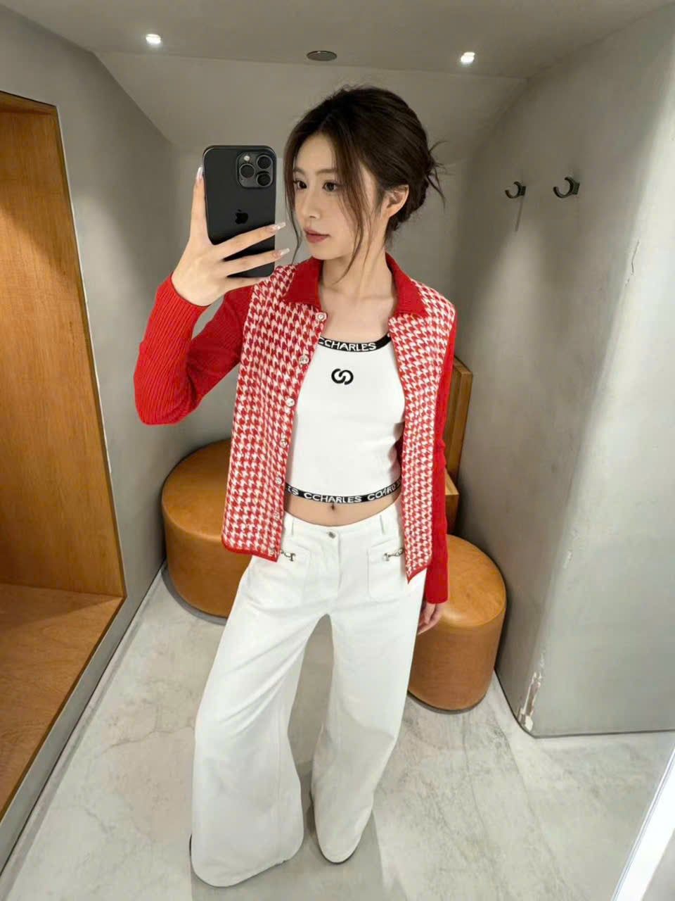  Áo CDG đỏ cổ polo. kẻ caro trắng 