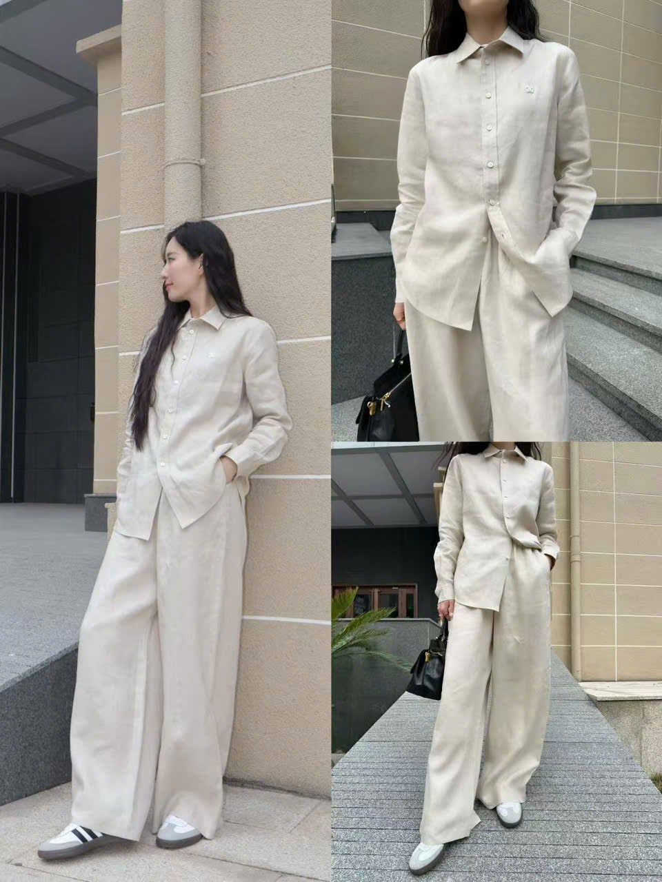  Quần vải lank dài màu be dây rút (SET) 
