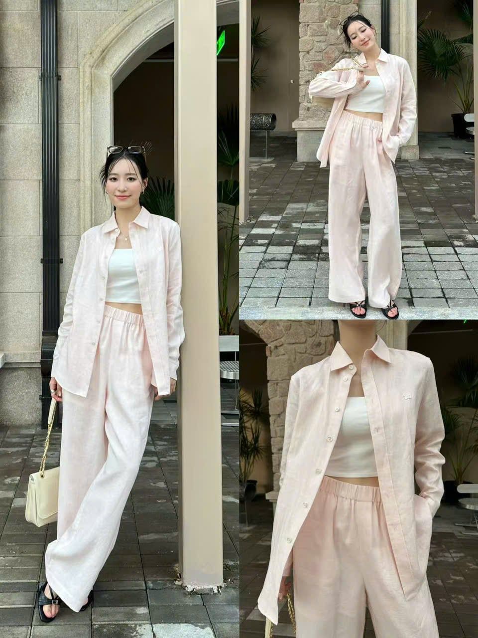  Quần vải lanh be hồng nhạt - logo trắng 