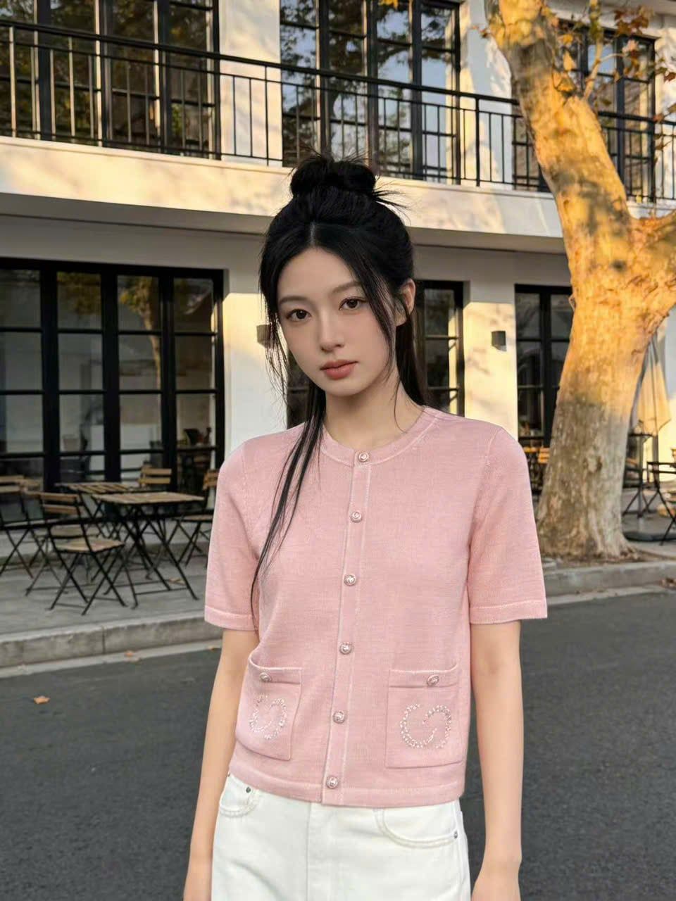  áo CDG hồng ngắn tay full logo 