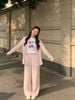 Bộ Áo sơ mi và quần dài cạp chun - be hồng nhạt logo trắng set 