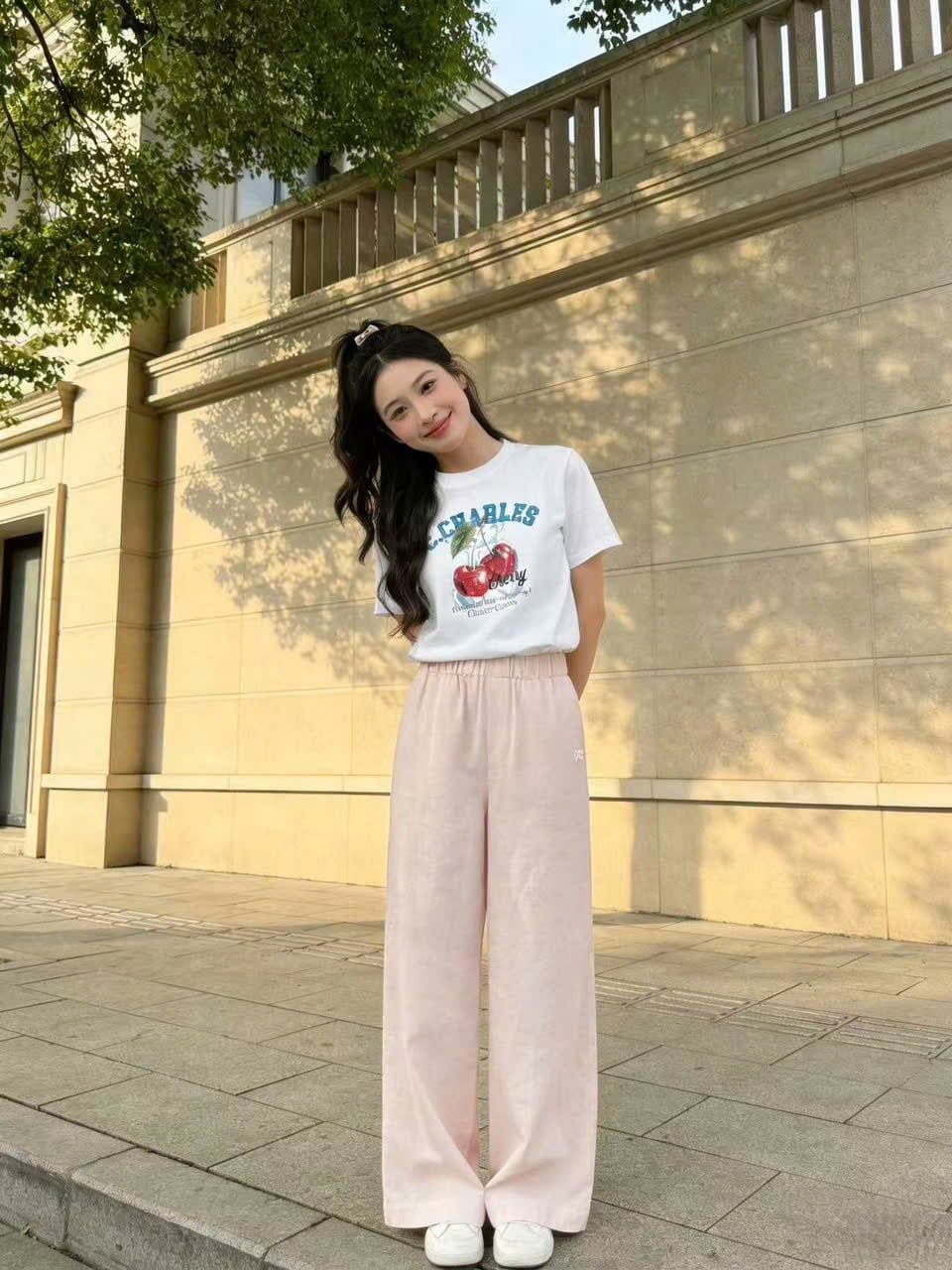  Quần vải lanh be hồng nhạt - logo trắng 