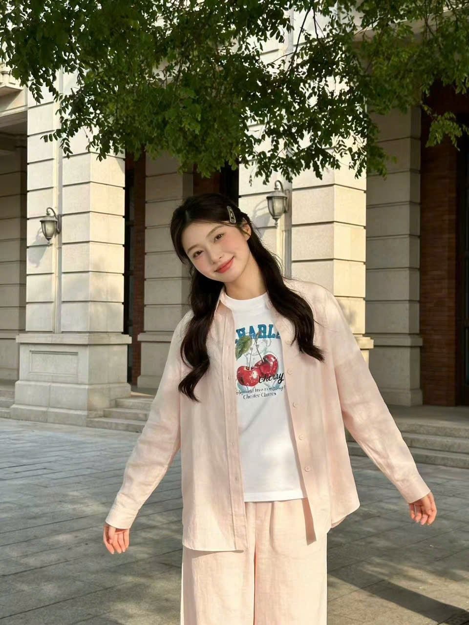  Quần vải lanh be hồng nhạt - logo trắng 