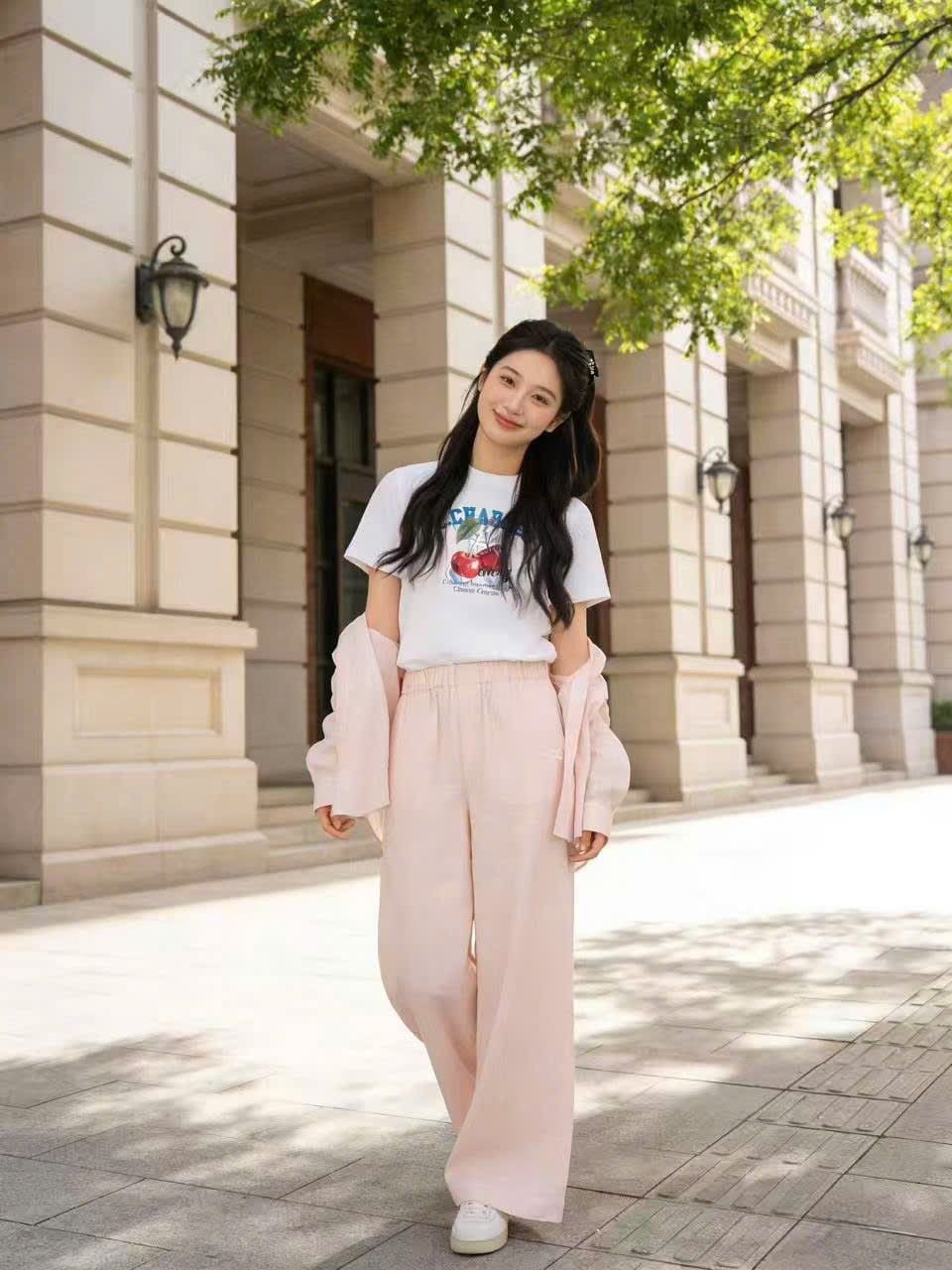  Bộ Áo sơ mi và quần dài cạp chun - be hồng nhạt logo trắng set 