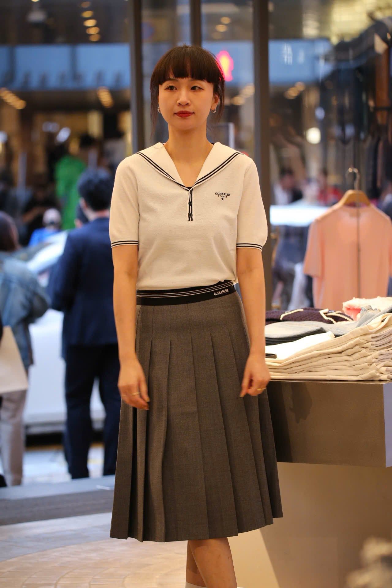  Chân váy dài xếp ly xám đai đen 