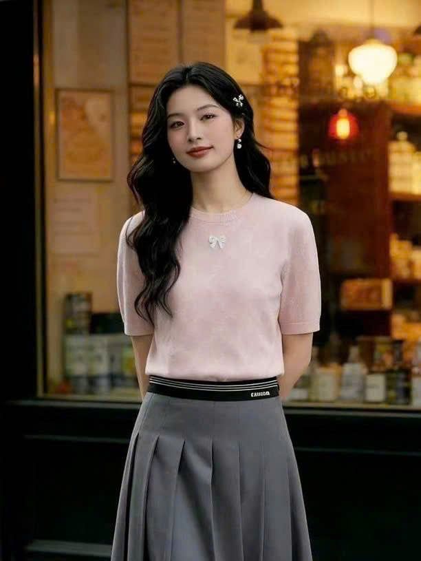  Chân váy dài xếp ly xám đai đen 