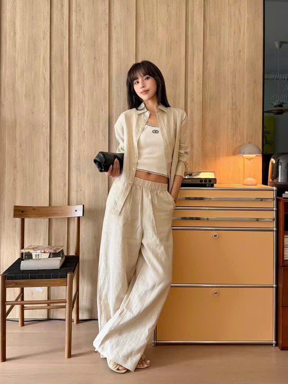  Quần vải lank dài màu be dây rút (SET) 