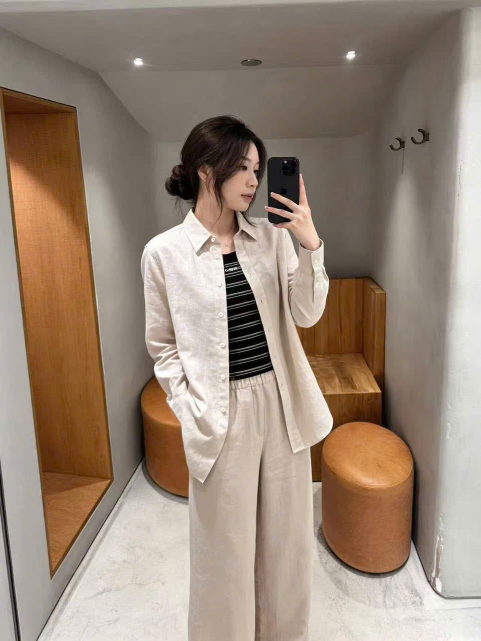  Quần vải lank dài màu be dây rút (SET) 