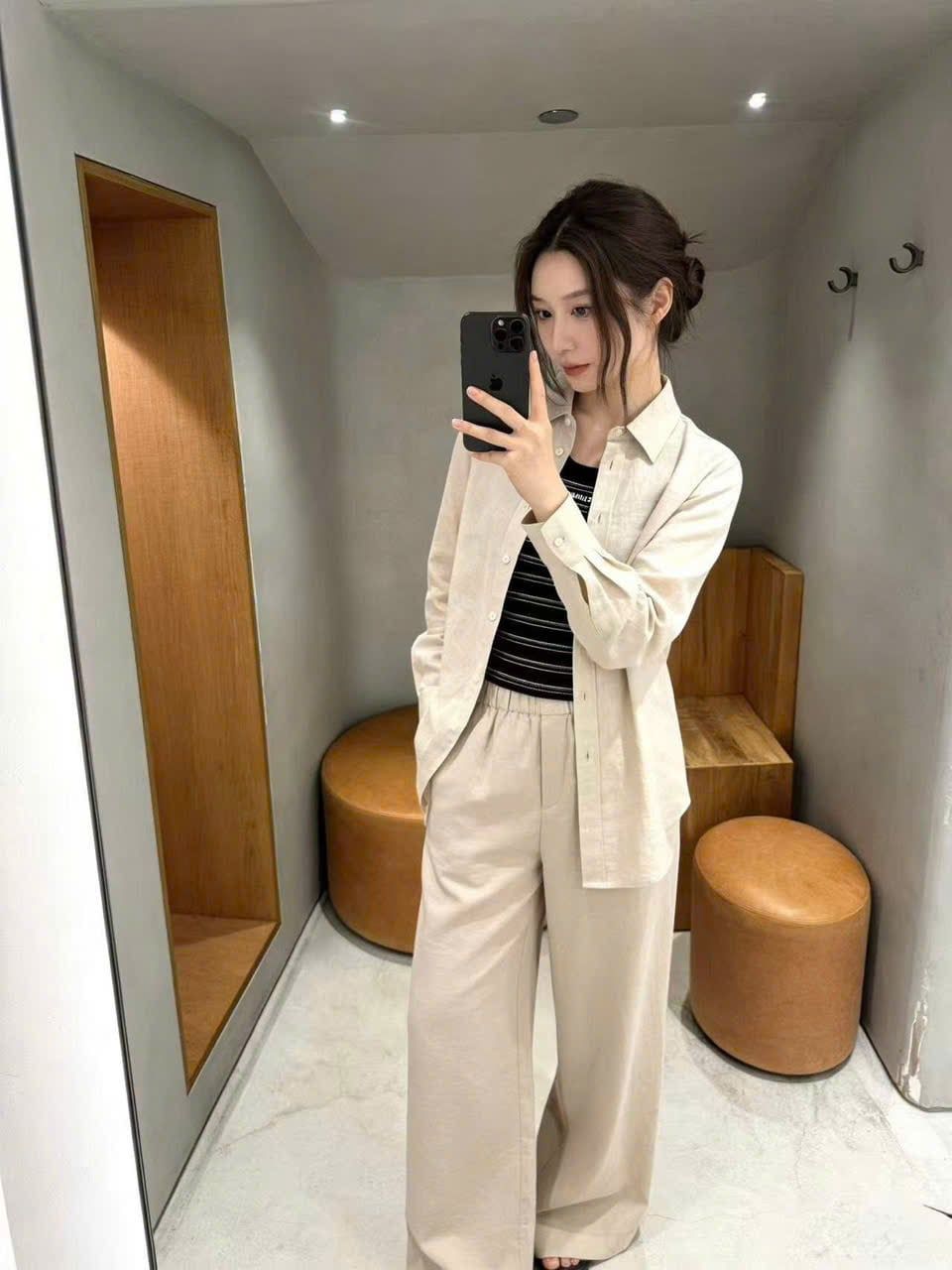  Quần vải lank dài màu be dây rút (SET) 