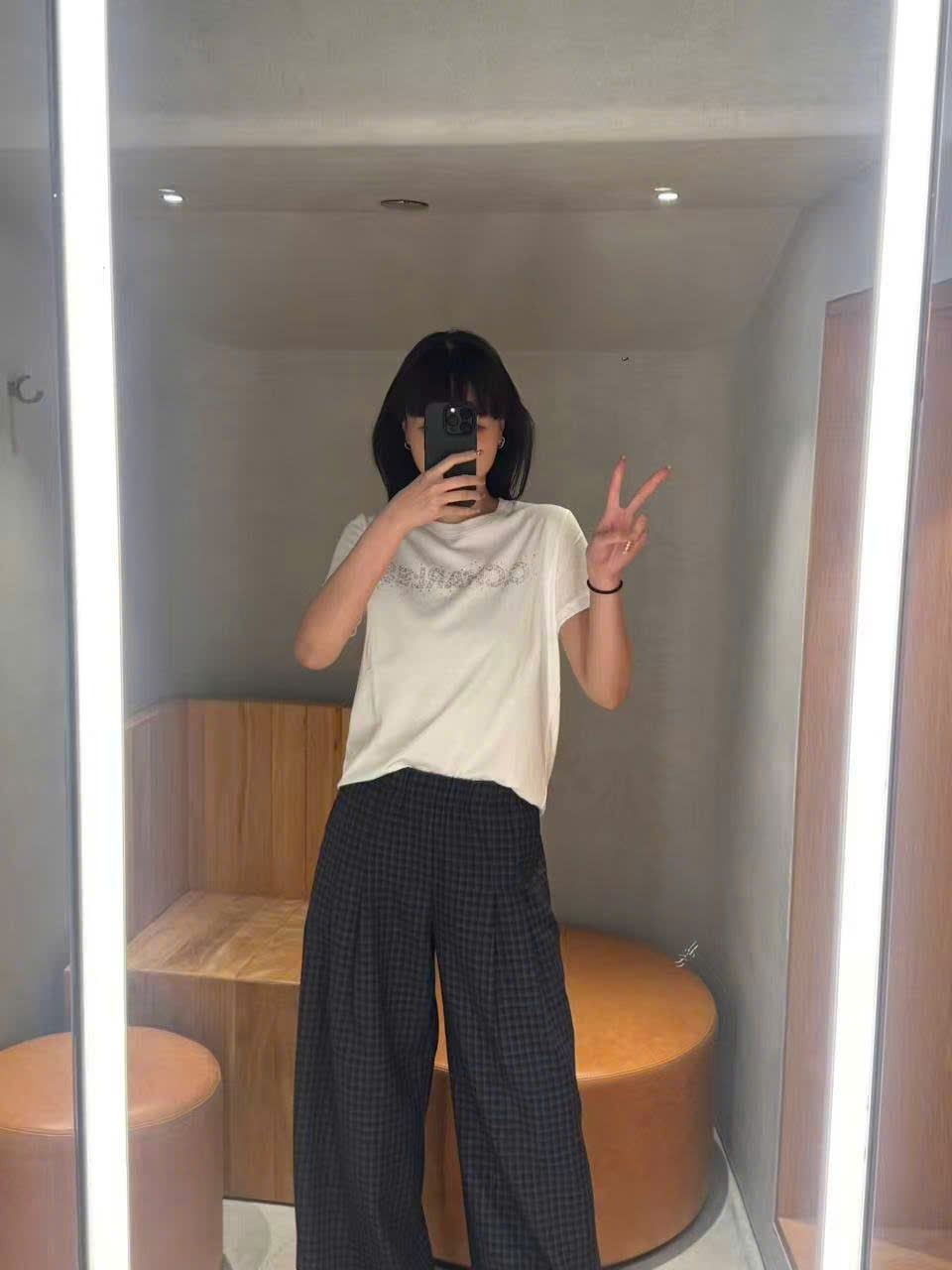  Quần vải kẻ caro nhỏ cạp chun 