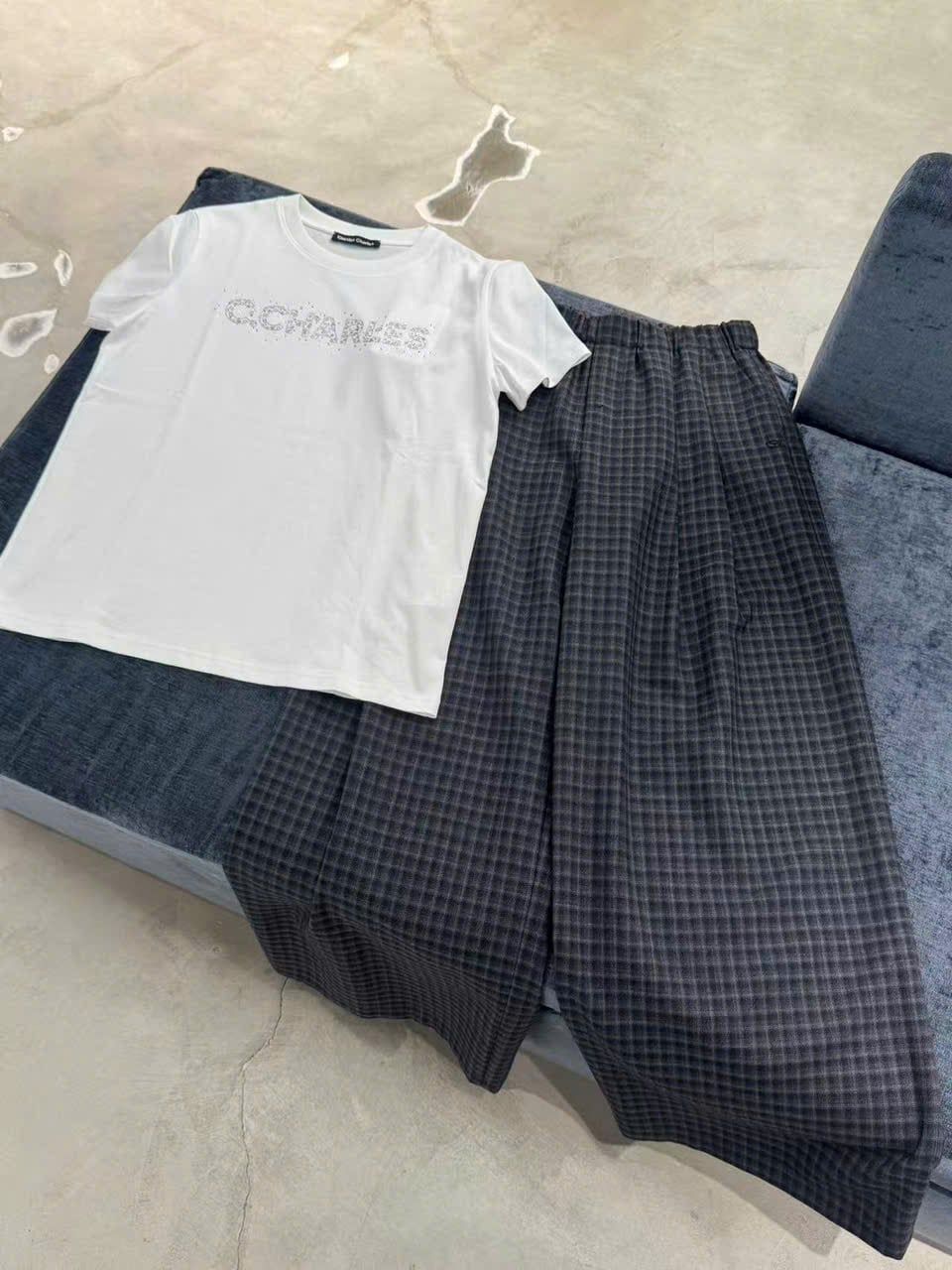  Quần vải kẻ caro nhỏ cạp chun 